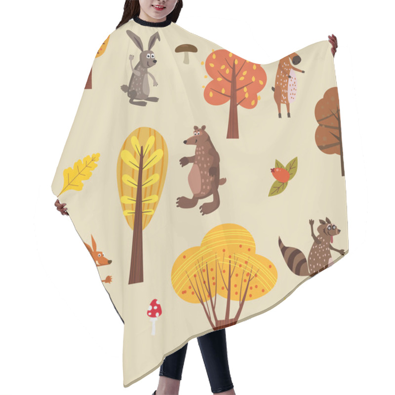 Personality  Autumn Forest Cute Animals Seamless Pattern With Trees Leaves Trendy Flat Cartoon Style Hair Cutting Cape