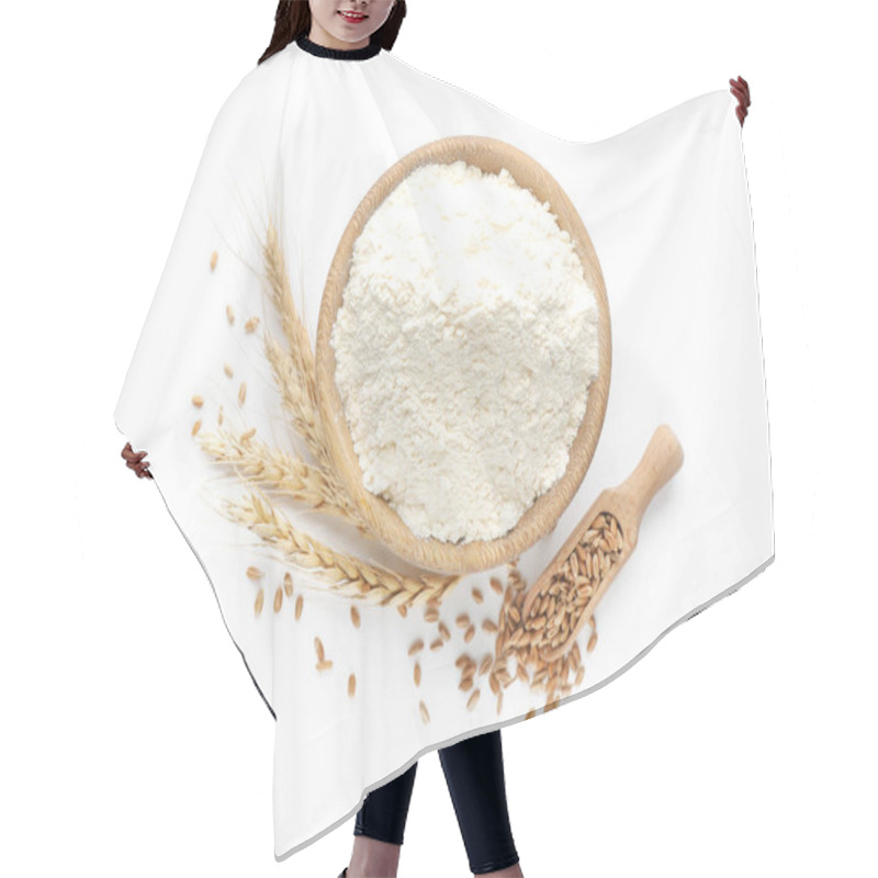 Personality  Flour In Bowl, Spikelets And Scoop With Grains On White Background, Top View Hair Cutting Cape