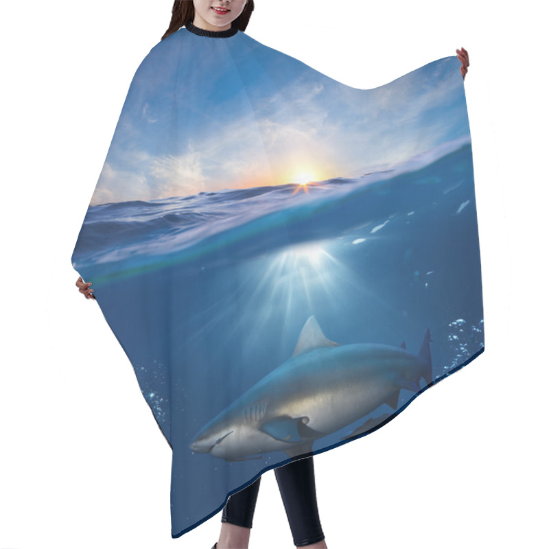 Personality  Design Template With Underwater Part And Sunset Skylight Splitted By Waterline And Angry Hungry Shark Underwater Hair Cutting Cape