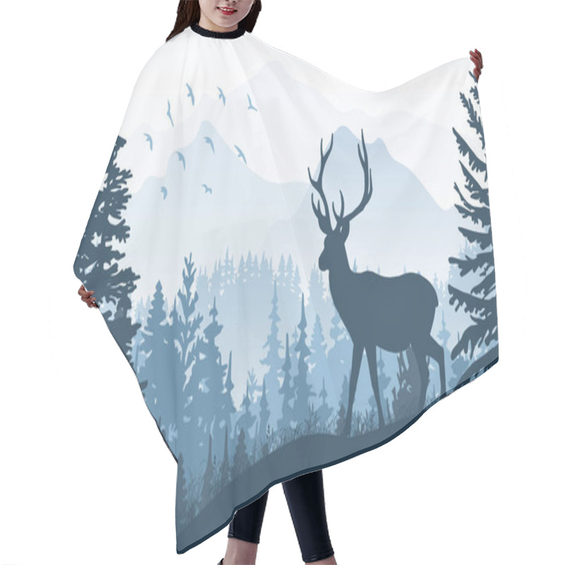 Personality  Horizontal Banner. Silhouette Of Deer Standing On Grass Hill. Mountains And Forest In The Background. Magical Misty Landscape, Trees, Animal. Blue Illustration, Bookmark. Hair Cutting Cape