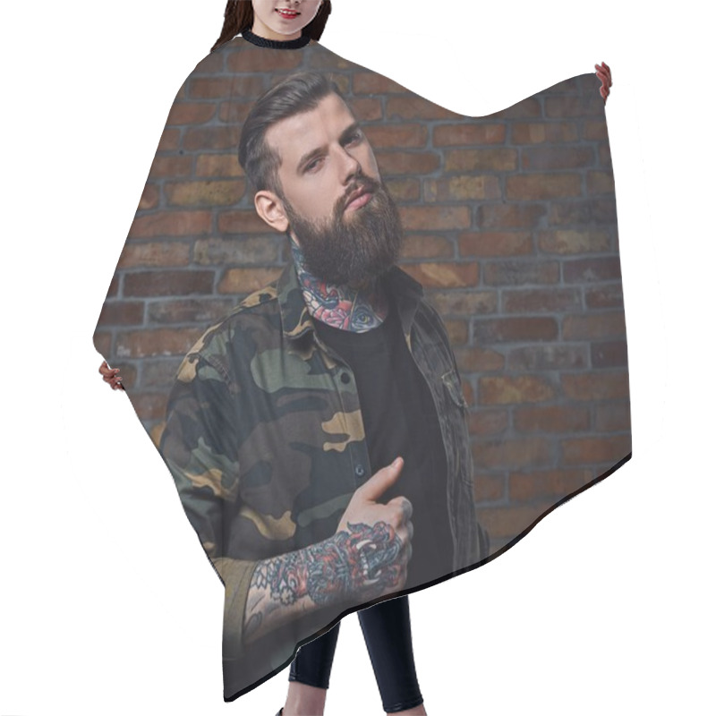 Personality  Tattooed Bearded Male In Military Jacket. Hair Cutting Cape