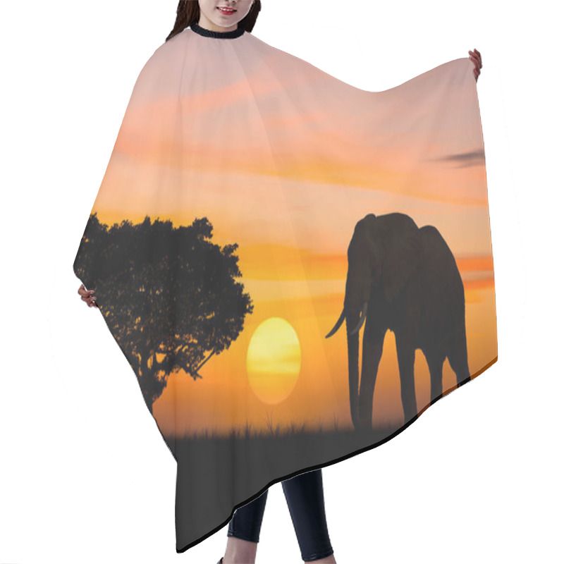 Personality  Silhouette Elephant Standing Nearly Big Trees In Safari And Flock Of Birds On Sky With Sun Twilight Sky Background. Hair Cutting Cape