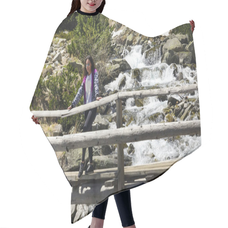 Personality  Sport Girl Hiking And Enjoing On Old Wooden Bridge The Fast Flowing Waters From Snow Melting During Springtime High On Mountains Hair Cutting Cape