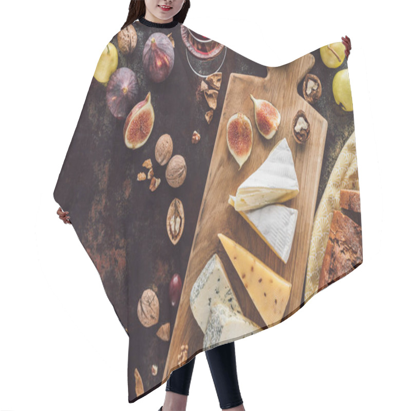 Personality  Food Composition With Assorted Cheese, Glass Of Wine And Fruits On Dark Tabletop Hair Cutting Cape