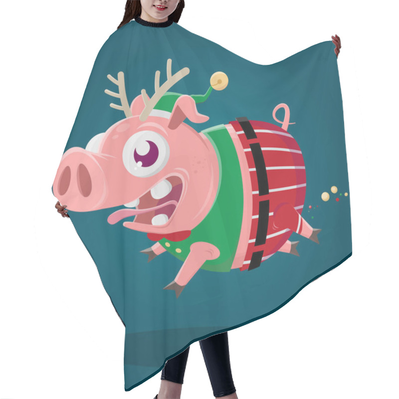 Personality  Funny Cartoon Illustration Of A Crazy Pig In Christmas Elf Costume Hair Cutting Cape