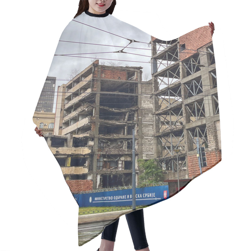 Personality  Belgrade, Serbia - September 15, 2024: Ministry Of Defense Building In Belgrade Damaged During The 1999 NATO Bombing. High Quality Photo Hair Cutting Cape