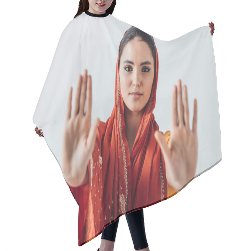 Personality  Selective Focus Of Indian Woman In Sari Showing Refuse Gesture Isolated On Grey Hair Cutting Cape