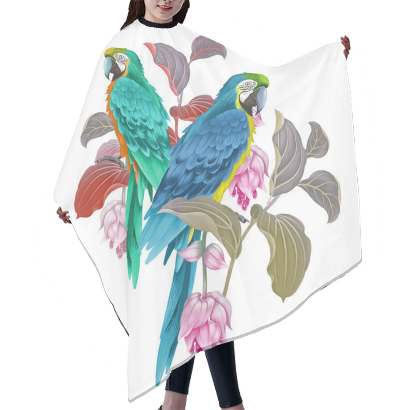 Personality  Macaw Birds, Flowers And Leaves Of Exotic Plant. Hair Cutting Cape