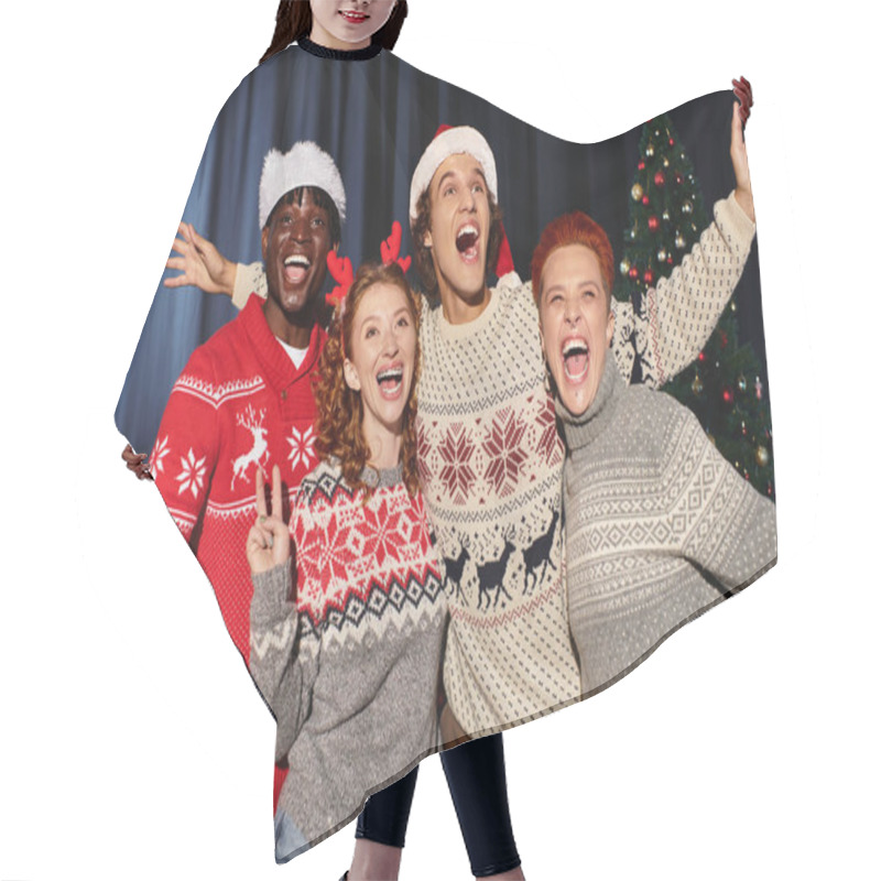 Personality  A Cheerful Group Of Young Coworkers Embraces The Holiday Spirit With Laughter And Festive Attire. Hair Cutting Cape