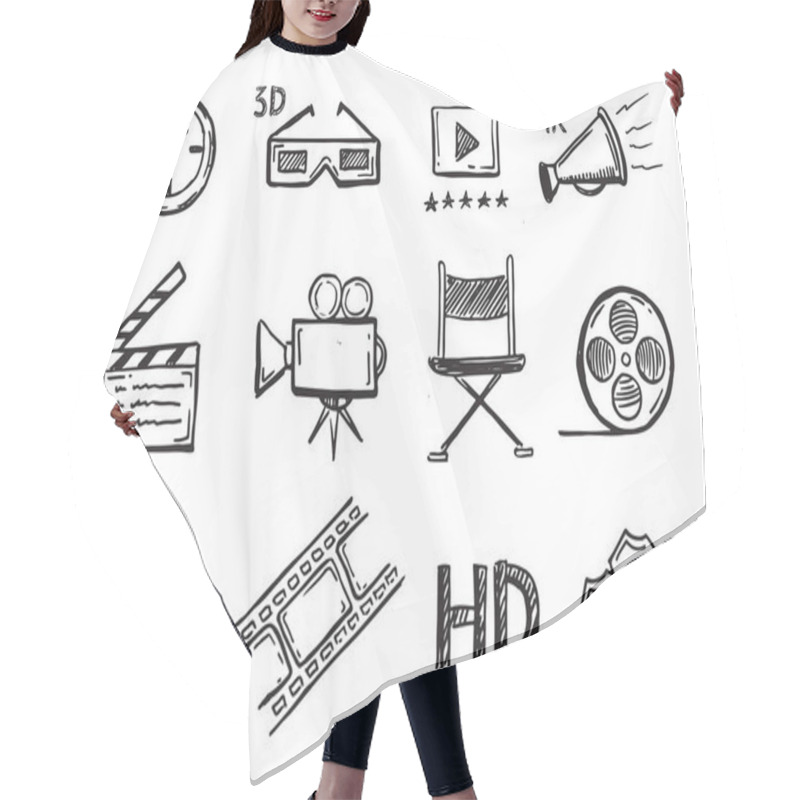 Personality  Cinema Decorative Symbols Set, Doodle Style, Vector Hand Drawn. Hair Cutting Cape