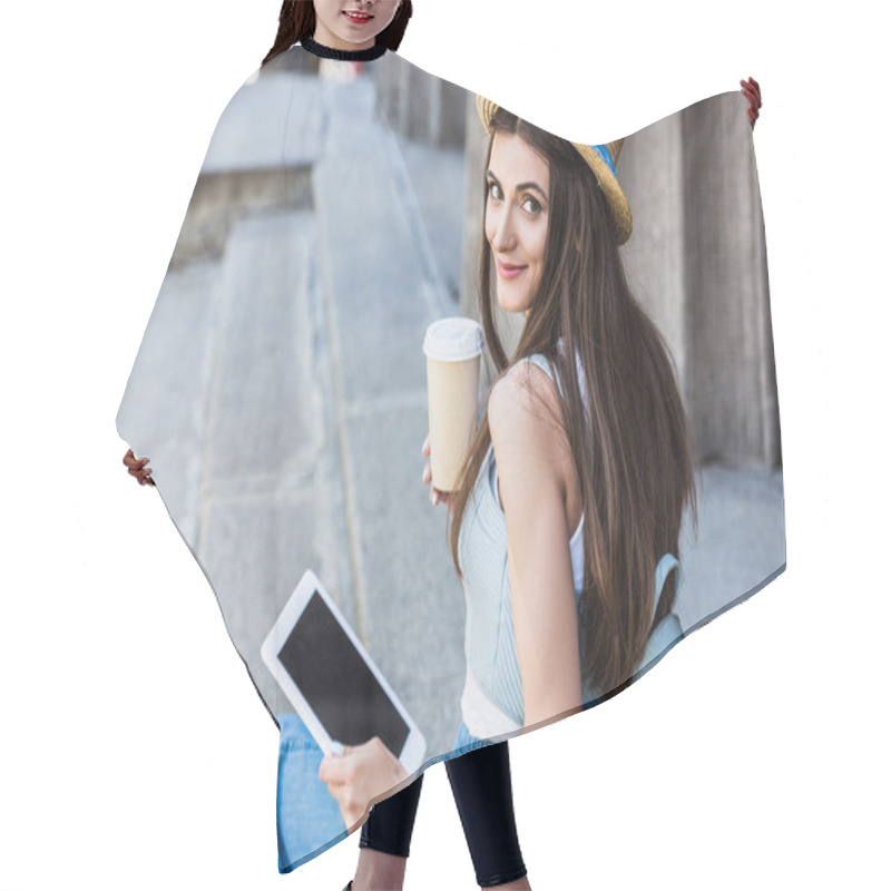 Personality  Side View Of Young Smiling Woman With Tablet And Coffee To Go Sitting On Steps Hair Cutting Cape