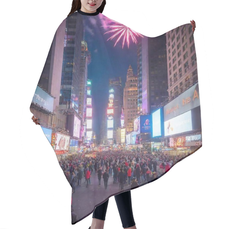 Personality  A Vibrant Scene Capturing The Iconic Times Square In New York City During New Year's Eve. Colorful Fireworks Light Up The Night Sky As Confetti Cascades Down Around A Jubilant Crowd Of People Celebrating, Holding Signs And Cheering For The New Year. Hair Cutting Cape