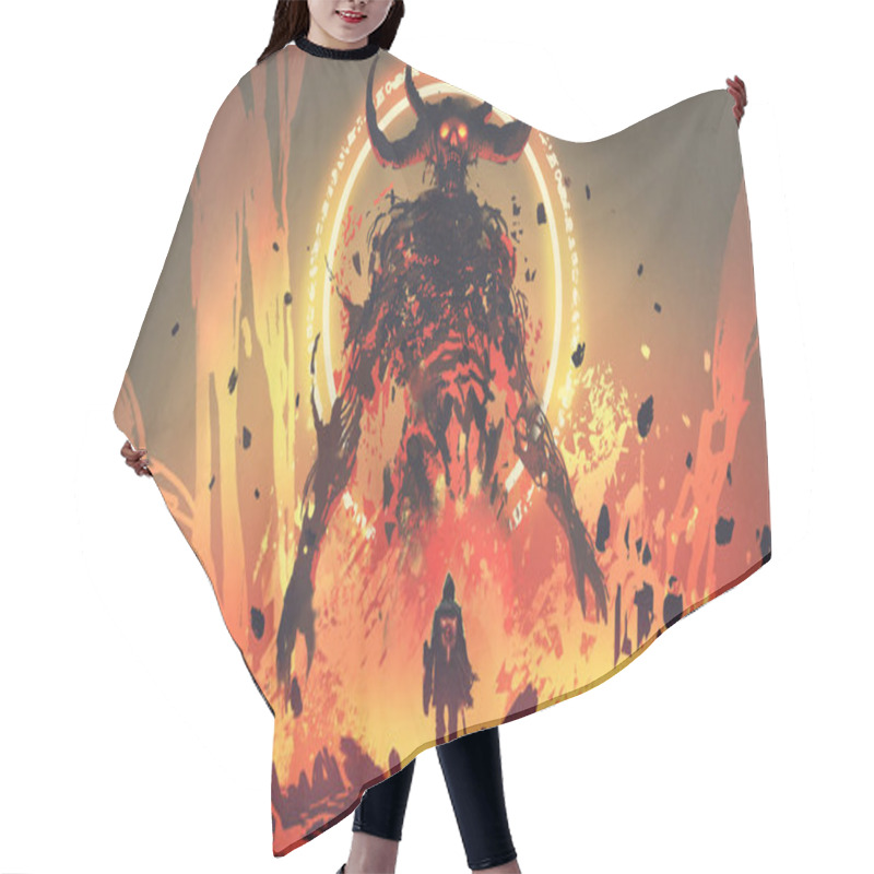 Personality  Knight With A Sword Facing The Lava Demon In Hell, Digital Art Style, Illustration Painting Hair Cutting Cape