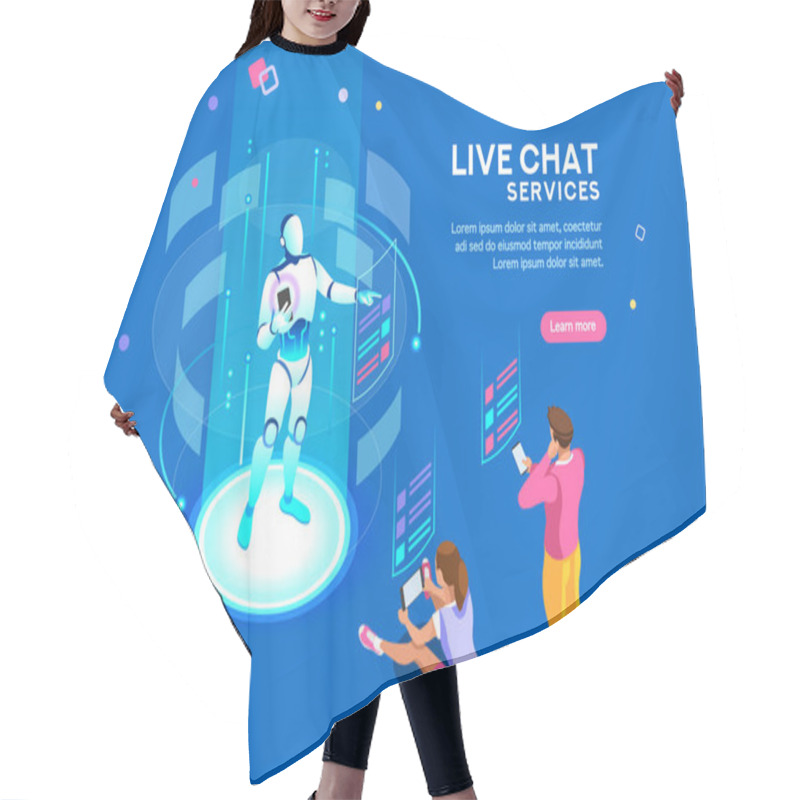 Personality  Artificial Intelligence, Ai For Business. Iot Concept, Mans And Women A Chat Bot Dialog. Messenger Application, Virtual Service Of Robot For Social Media. Flat Isometric Concept With Characters And Hair Cutting Cape