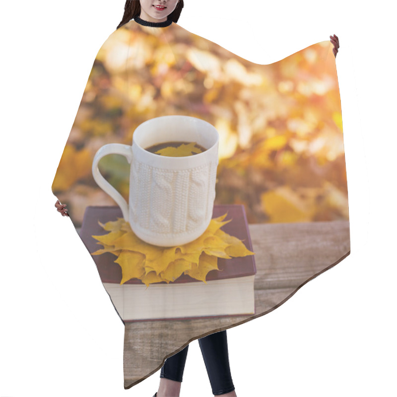 Personality  Hot Coffee And Red Book With Autumn Leaves On Wood Background Hair Cutting Cape