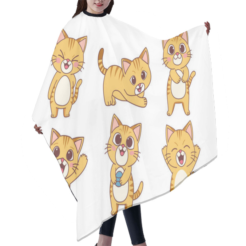 Personality  Multiple Pose Different Activity Of Cat. Animals Cartoon. Hair Cutting Cape