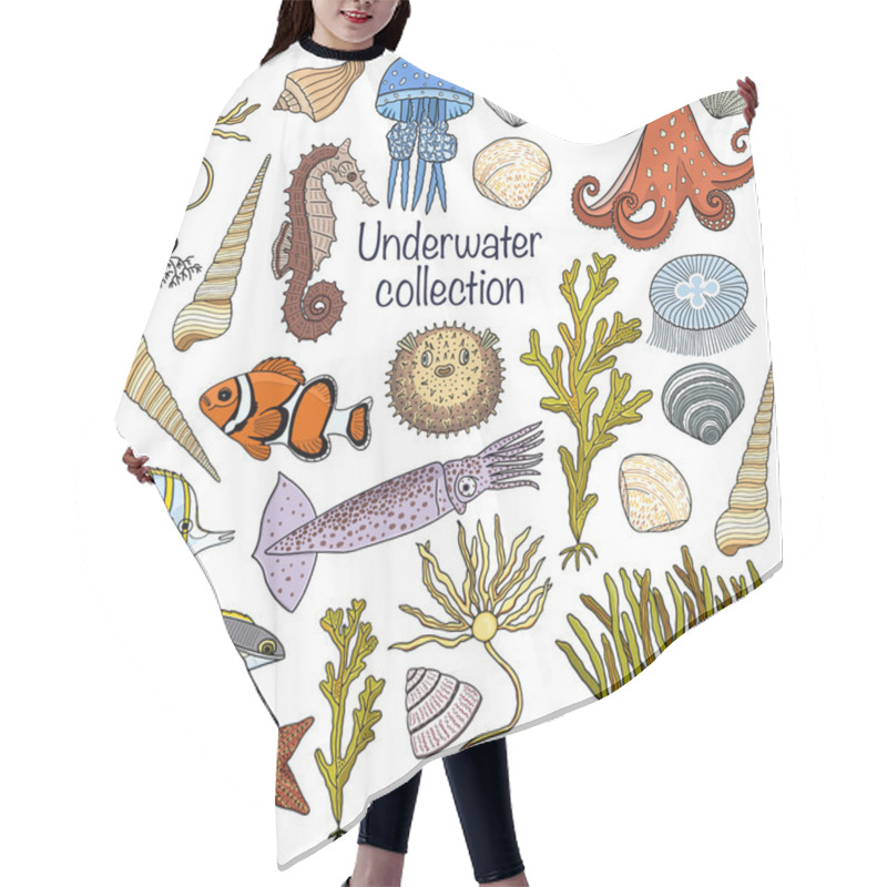 Personality  Underwater Collection: Shells, Starfish, Seaweed, Deep Sea Fish, Seahorse, Jellyfish, Octopus, Squid. Vector Illustration. Hair Cutting Cape