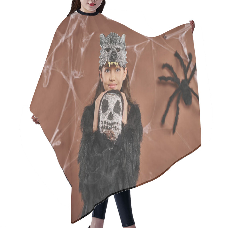 Personality  Smiling Girl In Wolf Mask And Black Attire Hugging Halloween Toy Skeleton, Halloween Concept Hair Cutting Cape