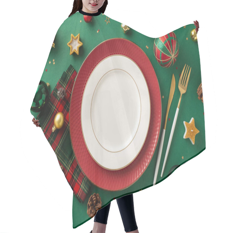 Personality  Elegant Holiday Dinner Table Setting. Overhead Perspective Of Plates, Golden Cutlery, Plaid Napkin, Baubles, Pine Cone, Cinnamon Sticks, Star Candles, Sparkling Confetti On A Green Background Hair Cutting Cape