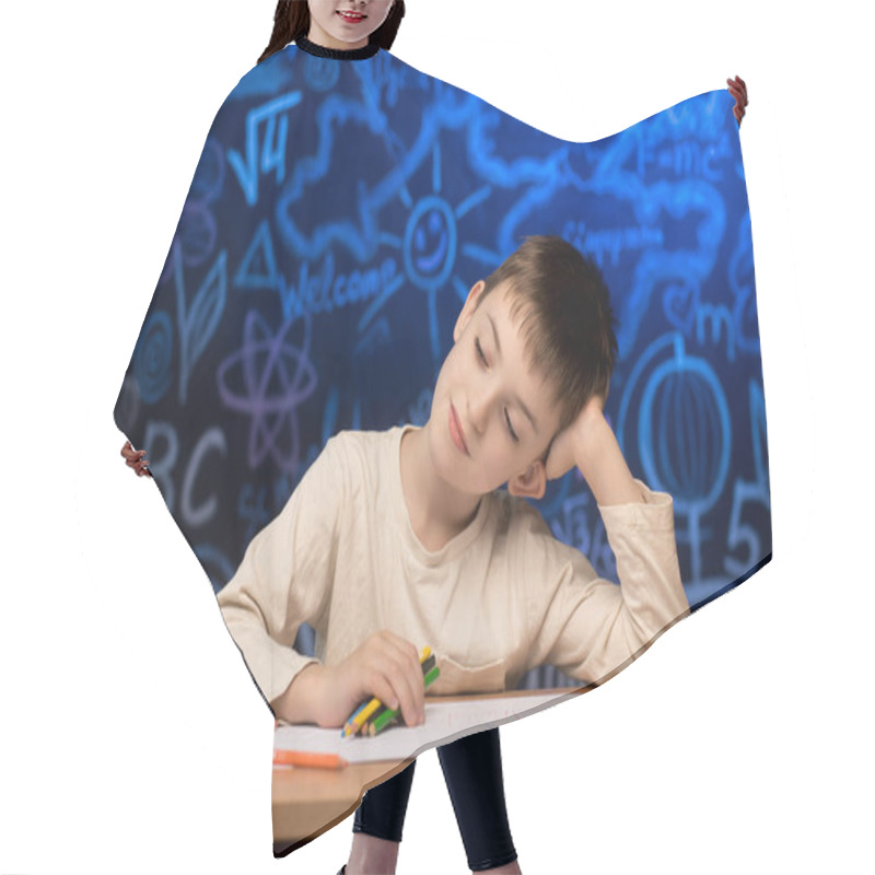 Personality  Child Engaged In Drawing Activity, Surrounded By Vibrant Educational Chalkboard Illustrations. Ideal For Concepts Of Early Education, Creativity, And School Environment. Hair Cutting Cape