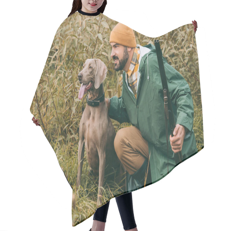 Personality  Man Squatting In Bushes With Dog And Gun Hair Cutting Cape