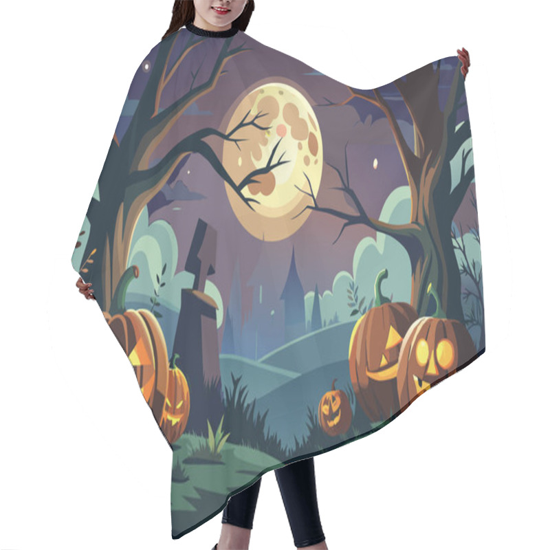 Personality  Spooky Halloween Night Scene With Pumpkins Hair Cutting Cape