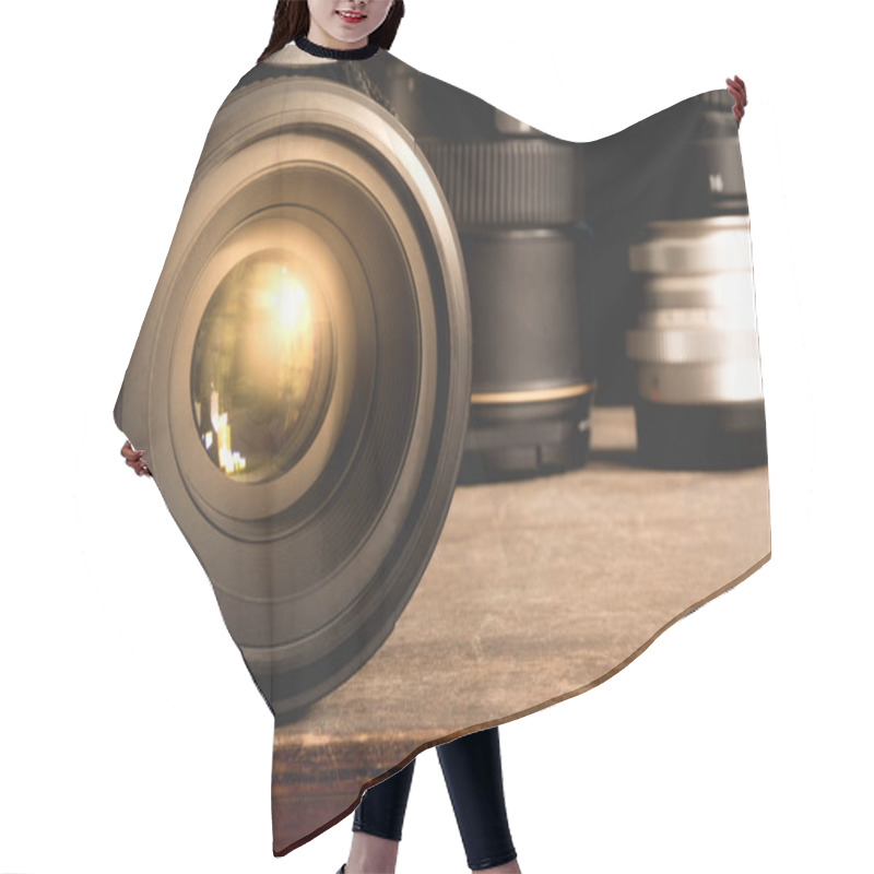 Personality  Black DSLR Camera With 50mm 1.8G Prime Lens On An Old Brown Wooden Box Hair Cutting Cape