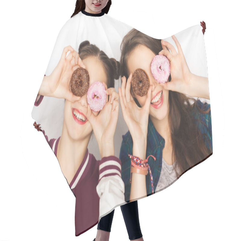 Personality  Happy Pretty Teenage Girls With Donuts Having Fun Hair Cutting Cape