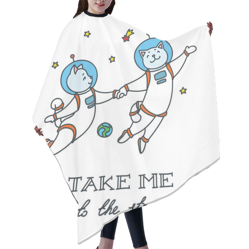 Personality  Take Me To The Stars. Doodle Vector Illustration Of Cute Cat Astronauts In Space Hair Cutting Cape