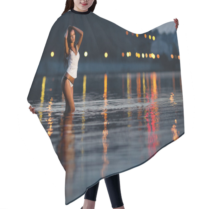 Personality  Brunette Girl And A Reflection Of City Lights In The Water Hair Cutting Cape