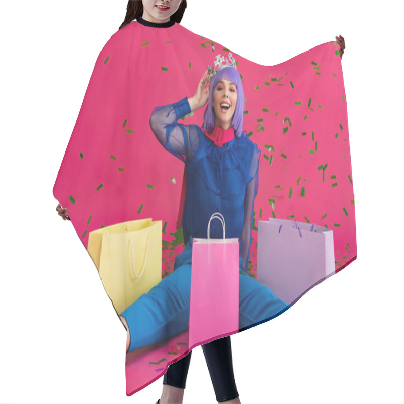 Personality  Happy Girl In Purple Wig And Crown Sitting With Shopping Bags And Holiday Confetti, On Pink Hair Cutting Cape