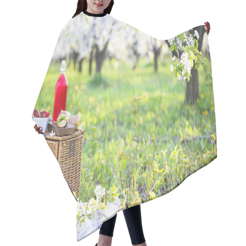 Personality  Basket, Sandwiches, Plaid And Juice In A Blossoming Garden Hair Cutting Cape