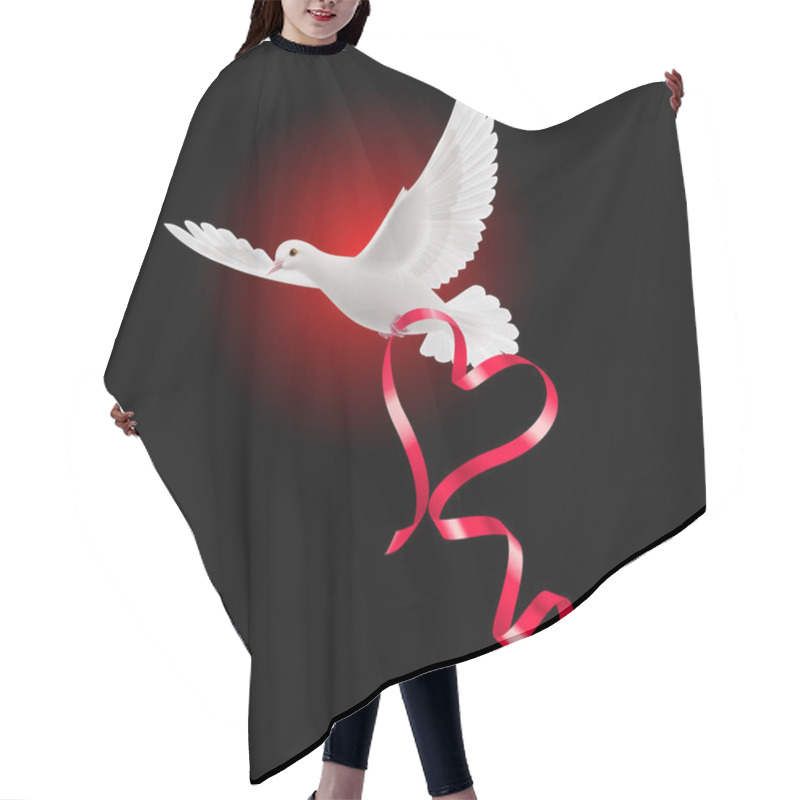 Personality  White Dove With Red Ribbon And The Dark Background. Hair Cutting Cape