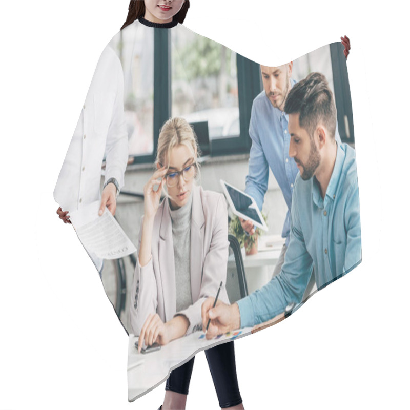 Personality  Young Businesswoman In Eyeglasses Working With Male Colleagues In Office Hair Cutting Cape