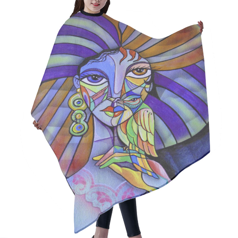 Personality  Cubist Girl Portrait Painting Modern Deco Design Hair Cutting Cape