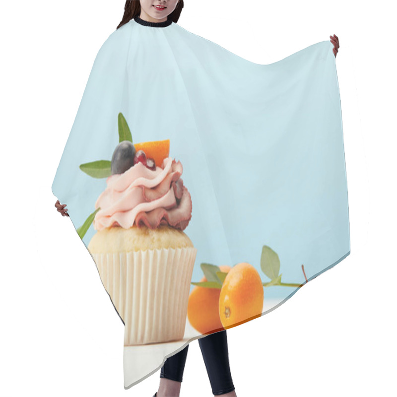 Personality  Tasty Cupcake With Cream And Kumquats On White Surface Isolated On Blue Hair Cutting Cape