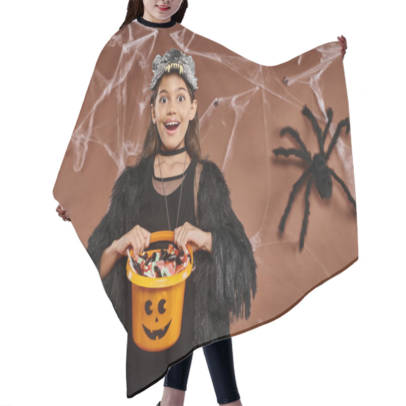 Personality  Close Up Cheerful Girl With Her Bucket Full Of Sweets On Brown Background, Halloween Concept Hair Cutting Cape