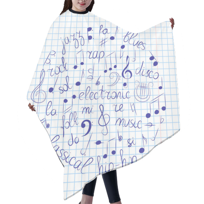 Personality  Hand Drawn Set Of  Music Symbols.  Doodle Treble Clef, Bass Clef, Notes And Music Styles Arranged In A Circle On Copybook Sheet. Hair Cutting Cape