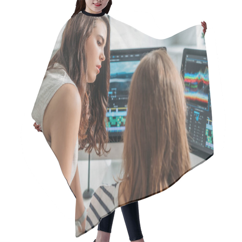 Personality  Selective Focus Of Attractive Editor Looking At Coworker  Hair Cutting Cape