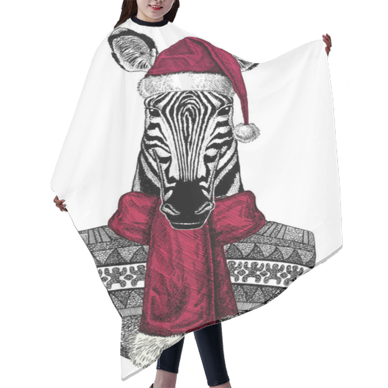 Personality  Portrait Of Zebra Wearing Chrismtas Santa Claus Hat Hair Cutting Cape