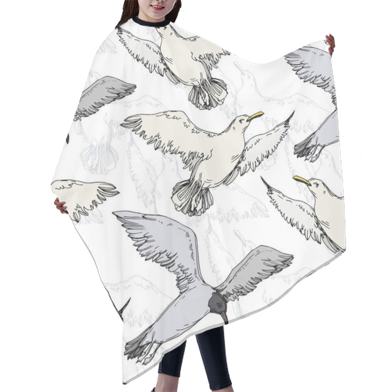 Personality  Sky Bird Seagull In A Wildlife. Black And White Engraved Ink Art. Seamless Background Pattern. Hair Cutting Cape