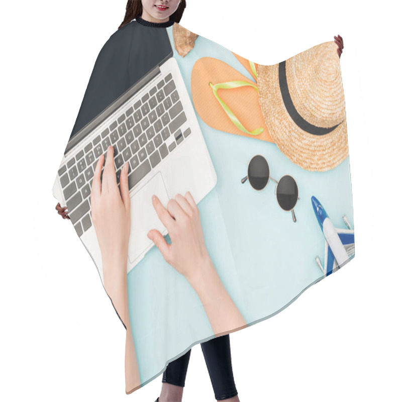 Personality  Cropped View Of Woman Using Laptop Near Earphones, Sunglasses, Seashells, Flip Flops, Toy Plane And Straw Hat On Blue Background Hair Cutting Cape