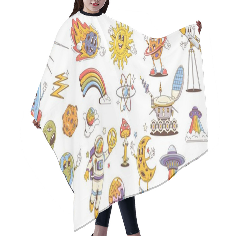 Personality  Retro Groovy Space Characters, Cartoon Psychedelic Alien, Hippie Sun, Earth, Moon And Saturn Planets. Trippy Vector Personages Of Astronaut, Rocket, Spaceship And UFO. Groovy Space Satellite And Star Hair Cutting Cape