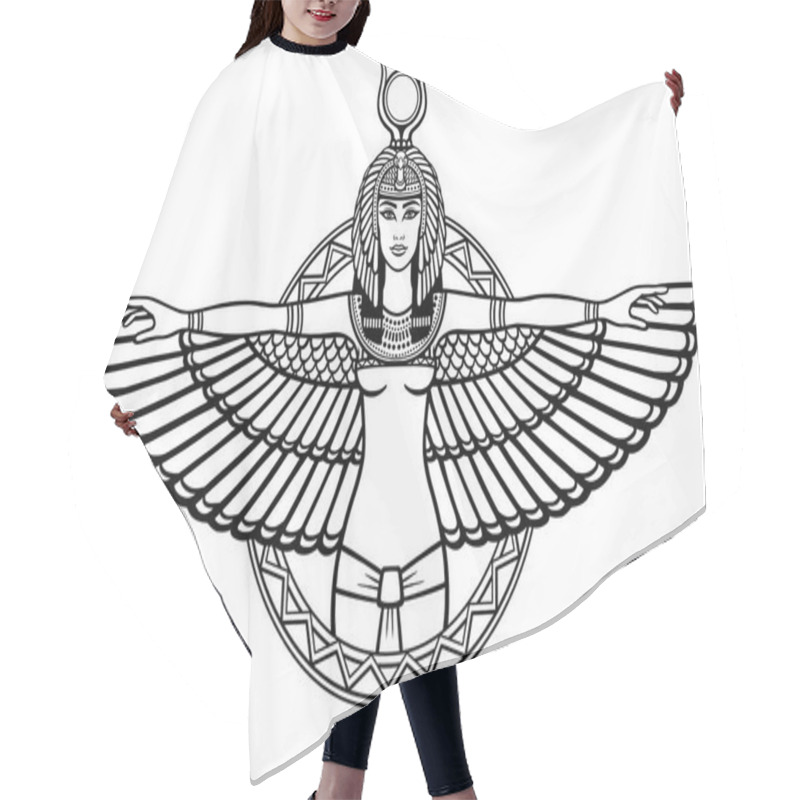 Personality  Animation Portrait Of The Ancient Egyptian Winged Goddess. The Linear Drawing Isolated On A White Background. Vector Illustration, Be Used For Coloring Book. Hair Cutting Cape