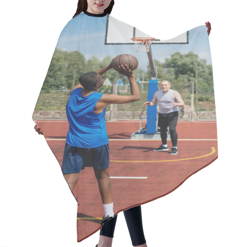 Personality  Multiracial Elderly Men Playing Basketball Together On Playground On Summer Day Hair Cutting Cape