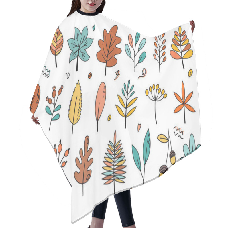 Personality  Set Of Autumn Bright Leaves With Decorative Elements. Doodle Style. Hello, Autumn. Design Or Sticker. Isolated Vector Illustration Hair Cutting Cape