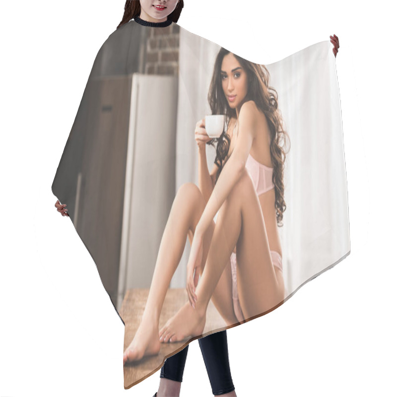 Personality   Sexy Young Woman In Lingerie Holding Cup Of Coffee And Looking At Camera  Hair Cutting Cape