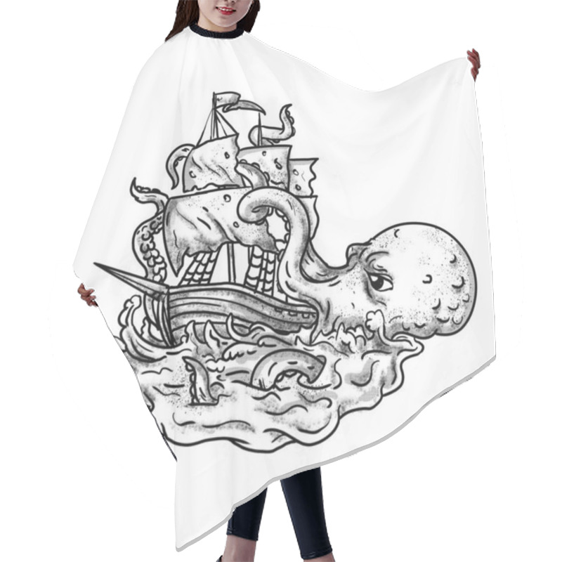 Personality  Tattoo Style Illustration Of A Kraken, A Legendary Cephalopod-like Giant Sea Monster Attacking A Sailing Ship With Its Tentacles On Sea With Tumultuous Waves In Grayscale Or Greyscale. Hair Cutting Cape