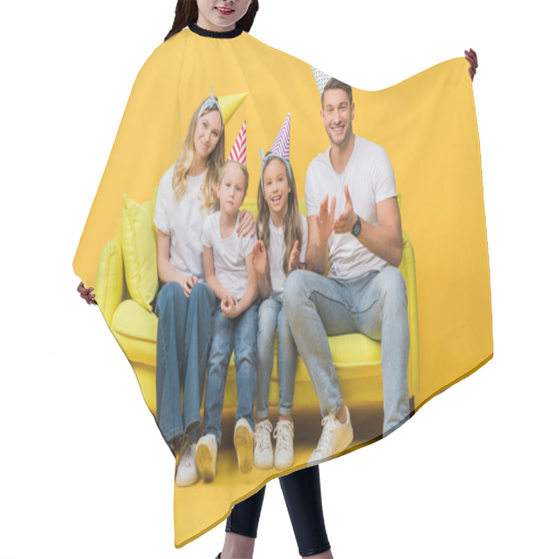 Personality  Happy Family In Birthday Party Caps Applauding On Sofa On Yellow Hair Cutting Cape