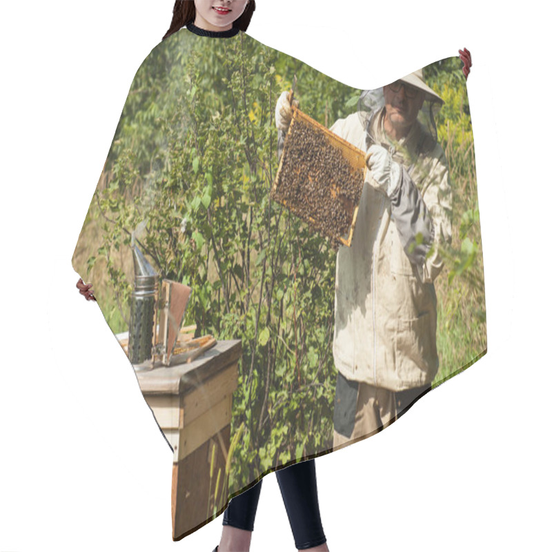 Personality  The Beekeeper Looks At The Beehive. Honey Collection And Bee Control. Bee Breeding And Bee Keeping. Hair Cutting Cape